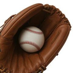 Brown leather baseball glove holds a pristine white baseball, showcasing the texture and stitching against a transparent background.
