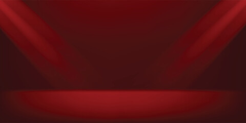 Red cylinder product podium in studio room interior with floor and wall, and neon light led lamps on top