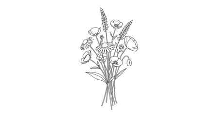 Elegant bouquet of wildflowers and grasses sketched in fine lines on white background.