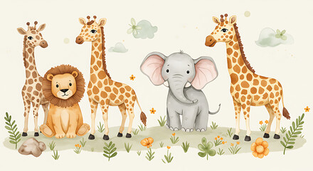 Obraz premium Cute Safari Animals in Watercolor Style for Baby Room Decor
