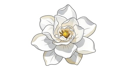 Elegant white camellia flower with golden center on pure white background