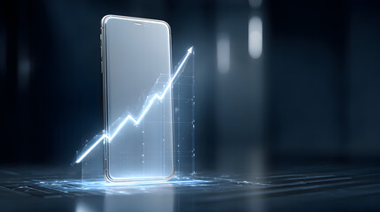 Smartphone display showing an upward trending line graph in a dark blue background setting scene