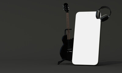Blank smartphone screen beside electric guitar and headphone, perfect mockup for music apps or streaming concepts. 3d rendering.