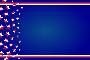 American blue, white, red background with star icon. Free copyspace area design for greeting cards, posters, social media.