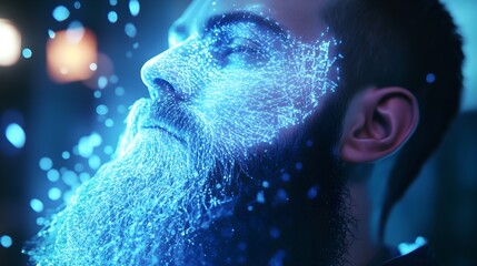 Man's Face Dissolving into a Luminous Digital Plexus Network.