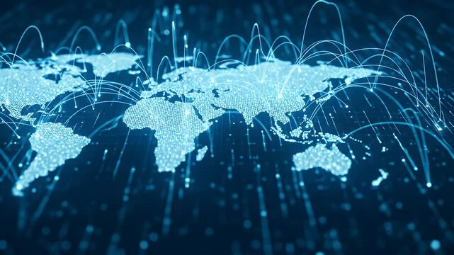 Global digital network map visualization worldwide connections international communication technology illustration modern design
