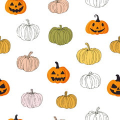 Seamless Halloween pattern with ghost, skull, pumpkin and bats.