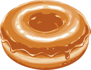 Fototapeta premium Caramel donut with glossy glaze is isolated on a white background in an illustrated style, ideal for use in advertisements and designs related to food and desserts.