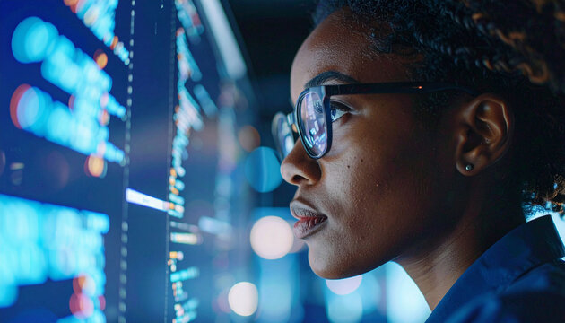 Smart Digital Specialist: A focused woman, immersed in the world of digital data, meticulously reviews complex information on large monitors, her expression reflecting concentration, insight.