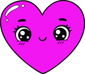 Fototapeta premium Adorable pink heart character featuring kawaii-style eyes is smiling sweetly against a clean white background, ideal for Valentine's Day, greeting cards, or children's content.