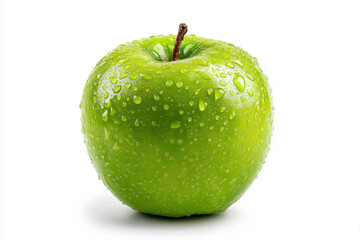 Fresh green apple with water droplets on a white background, showcasing its vibrant color and texture (1)