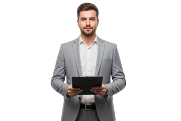 Confident young businessman in a gray suit holding a clipboard, isolated on transparent background