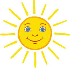 Fototapeta premium Smiling yellow sun with blue eyes radiates warmth and happiness against a clean white background, creating a playful and inviting image suitable for children's content and sunny weather promotions.