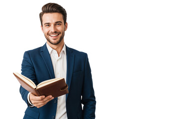 Smiling young businessman in a blue suit holding an open notebook, isolated on transparent background