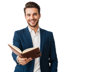 Smiling young businessman in a blue suit holding an open notebook, isolated on transparent background