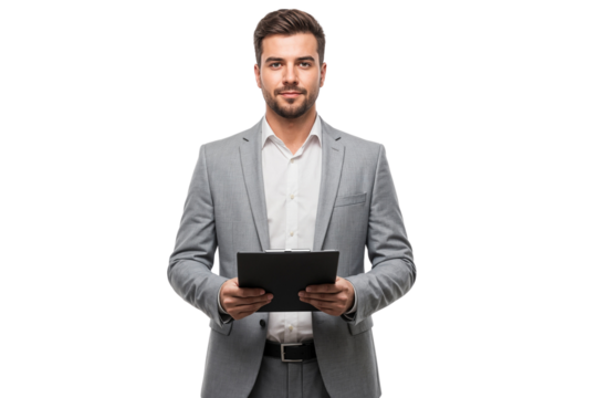 Confident young businessman in a gray suit holding a clipboard, isolated on transparent background