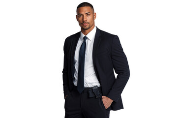 Confident male bodyguard in a dark suit with hands in pockets, wearing a white shirt and tie, standing with a serious expression