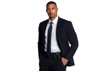 Confident male bodyguard in a dark suit with hands in pockets, wearing a white shirt and tie, standing with a serious expression