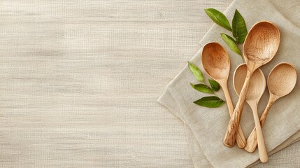 Elegant Wooden Spoons Arrangement with Fresh Green Leaves on a Textured Linen Surface