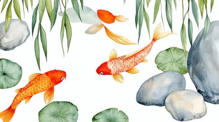 Vibrant Watercolor Koi Fish Swimming Amongst Rocks and Lily Pads in Tranquil Garden Setting