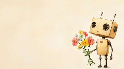 Friendly Robot Character Holding Fresh Flowers in a Cheerful and Colorful Digital Illustration