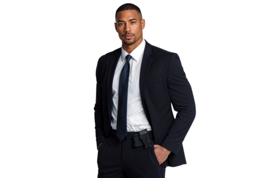 Confident male bodyguard in a dark suit with hands in pockets, wearing a white shirt and tie, standing with a serious expression
