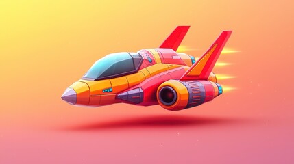 Colorful Cartoon Space Jet Flying with Bright Flames Against a Smooth Gradient Background