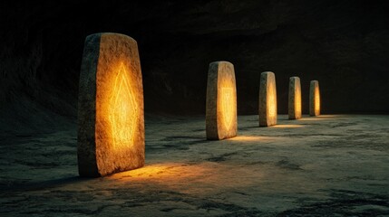 Enigmatic Stone Monoliths with Glowing Symbols in Mysterious Cavern at Night