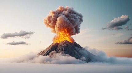 Majestic Volcano Eruption with Smoke and Lava Flowing Amidst Colorful Sky and Clouds at Dusk