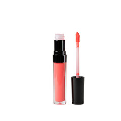 A captivating coral lip gloss presents its radiant color with an applicator against a sleek black background perfect for beauty content.