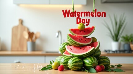Celebrate watermelon day with festive displays in a cozy kitchen showcasing fresh watermelons and fun decorations