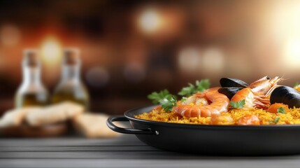 Vibrant Seafood Paella Served in a Black Pan with Bottles and Rustic Bread in the Background