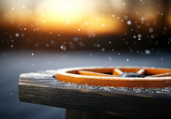Snowy Wooden Ship Wheel Against a Blurry Sunset Background with Falling Snowflakes and Calm Waters