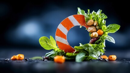 Fresh Ingredients with Creative Food Presentation Featuring Leafy Greens and Colorful Vegetables on Dark Background