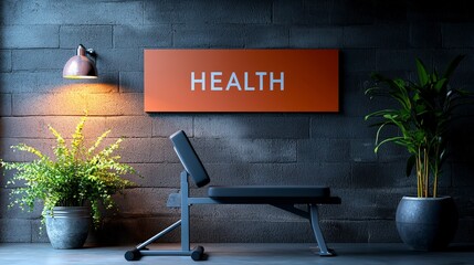 Modern Gym Interior with Bench and Health Sign in Stylish Design for Fitness and Wellness Settings