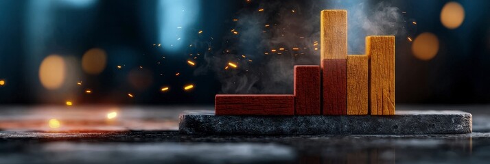 Creative Visualization of Growth with Wooden Blocks on Dark Surface with Ambient Light and Smoke Effects