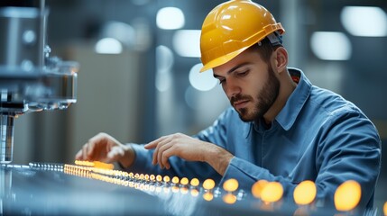 Worker in Safety Helmet Focused on Production Process in Modern Industrial Factory Setting
