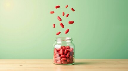 Vibrant red pills floating above glass jar indoor setting still life photography minimalistic environment