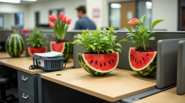Creative office decor watermelon planters modern workspace indoor plants vibrant environment unique viewpoint fresh concept