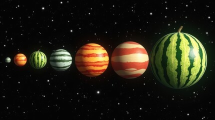 Fototapeta premium Galactic watermelon dance planetary exploration in a colorful cosmic setting graphic art outer space creative viewpoint