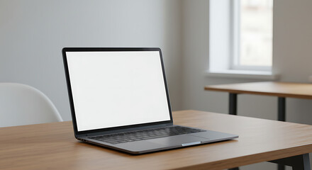 Fototapeta premium Modern Laptop Mockup on Wooden Table in Cozy Workspace, Minimalist Laptop Mockup on Desk with Blank Screen