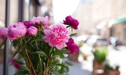 Obraz premium On the right are huge pink and burgundy peonies, in the background is a blurred city street with glass shop windows,Generative AI