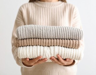 Woman in cream sweater holding stack of folded knitted wool sweaters in neutral beige and white colors