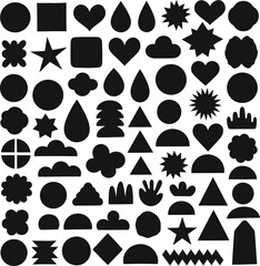 A collection of black and white icons featuring leaf and floral silhouette vector designs, along with poker card symbols like the heart shape, perfect for any decoration or pattern element