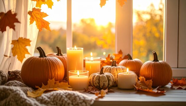 Cozy autumn scene with pumpkins, candles, and fall leaves by a window at sunset - Powered by Adobe