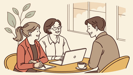 Discussing over coffee, smiling couple meets professional female tax consultant, real estate agent, insurance agent at coffee shop, listens to expert advice and plans interest rates, investment contra