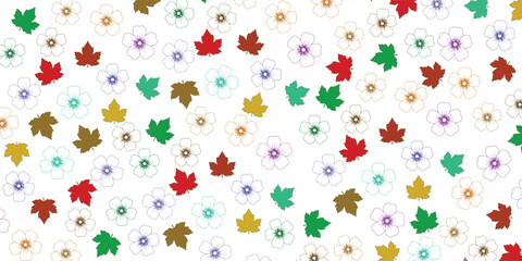 Seamless pastel pattern of hand-drawn flowers and maple leaves in various colors. 
