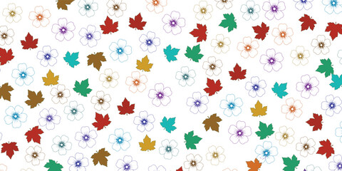 Seamless pastel pattern of hand-drawn flowers and maple leaves in various colors. 