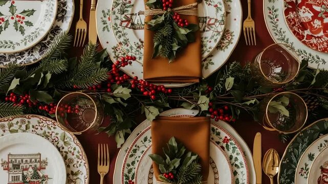Elegant holiday dinner table with festive christmas decor featuring ornate plates and gold cutlery footage.
