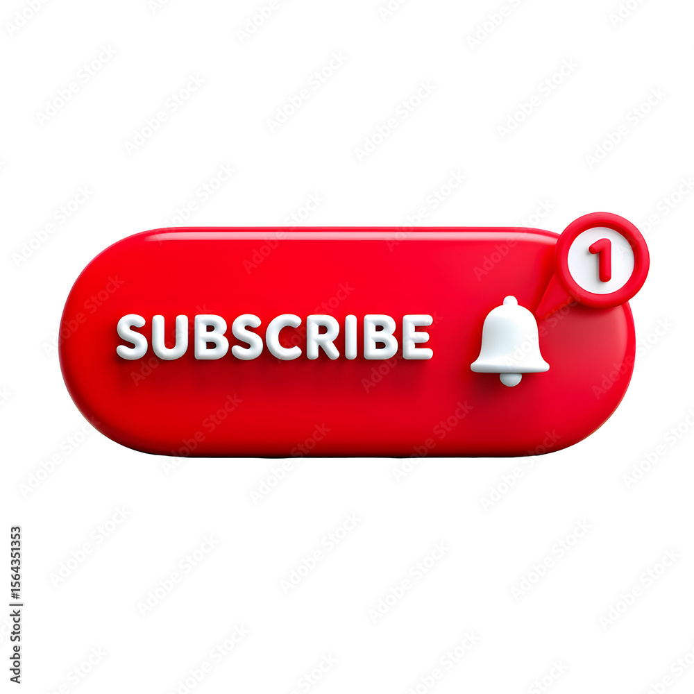 Poster red subscribe button with white notification bell and number one icon isolated on a transparent back